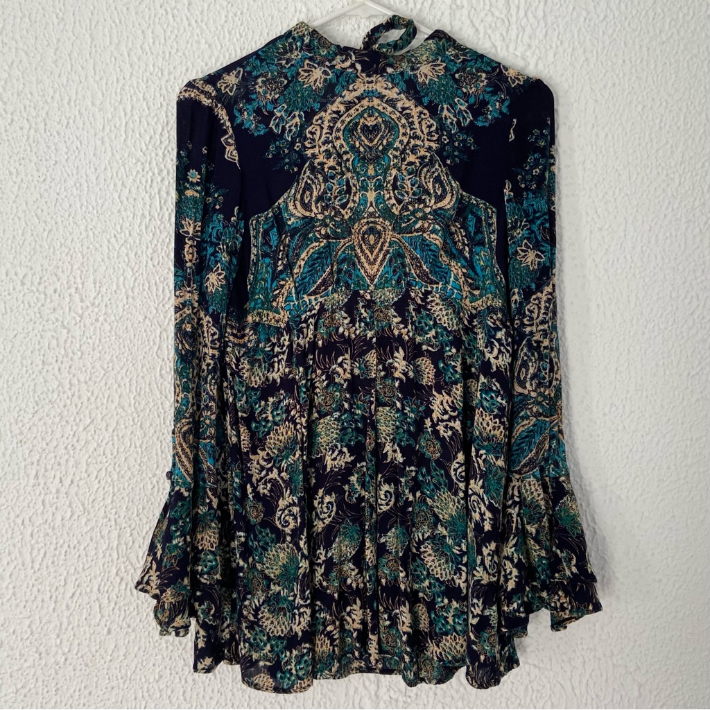 Free People Xs Top Lady Luck Tunic Long Bell Sleeve Blue Combo Women